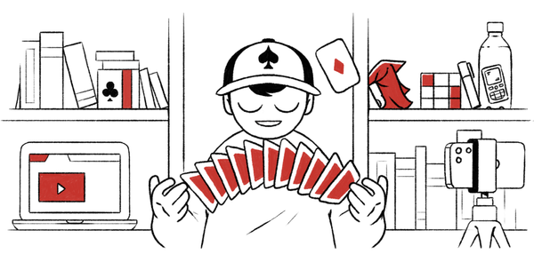 illustration of card magician shuffling cards in bedroom