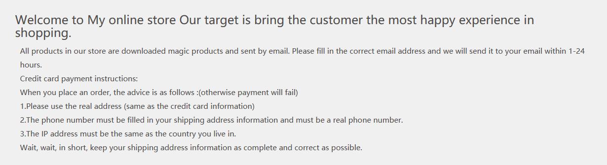 Payment instructions for 68 Magic, explaining that the billing address, phone number, and IP address must all match the credit card