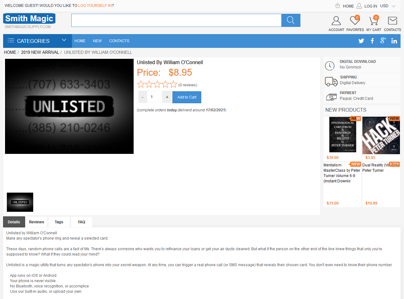 Screenshot of Smith Magic selling Unlisted for $8.95