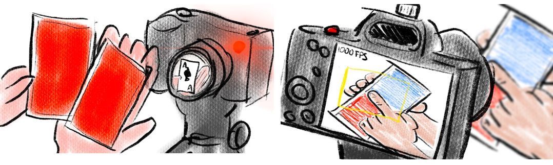 Two digital sketches of thumbnails with cameras poiting towards card tricks