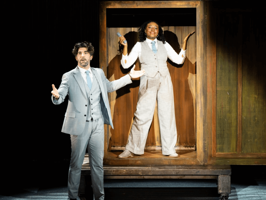 Simon Lipkin and Yolanda Ovide on stage in Derren Brown's Unbelievable performing a magic illusion 