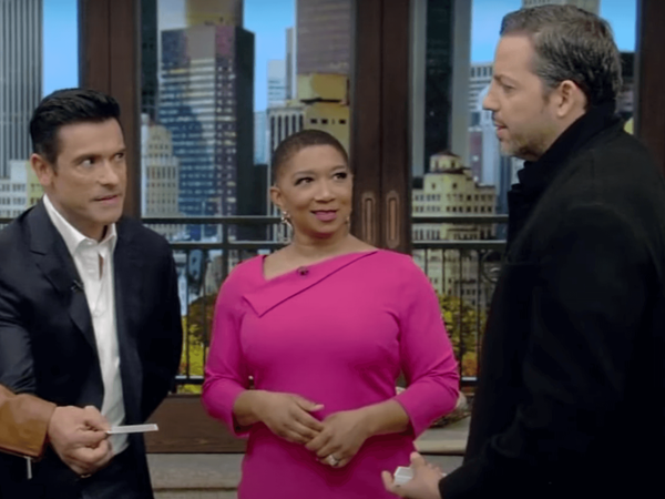 Magician David Blaine performs for co-hosts Mark Consuelos and Deja Vu