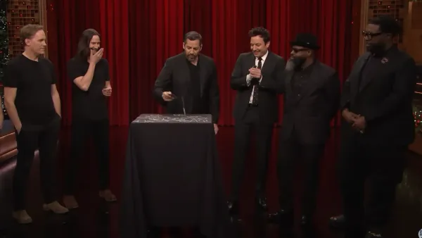Magician David Blaine stabs a deck of cards for Jimmy Fallon in magic trick