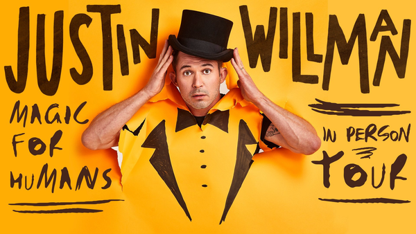 Justin Willman Magic For Humans In Person Tour poster: Willman bursts through yellow paper in top hat