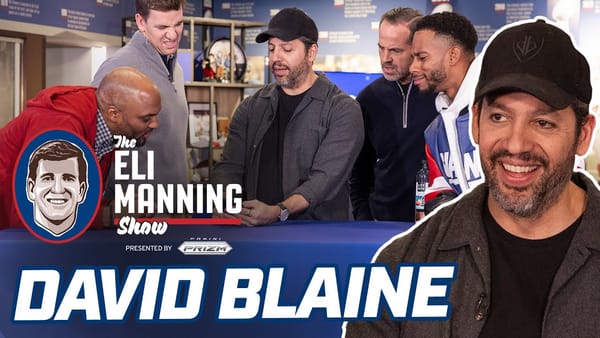 Magician David Blaine performs impossible card tricks for retired American football atheletes.