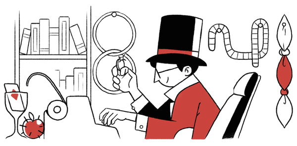Illustration of a magician with a top hat typing on typewriter