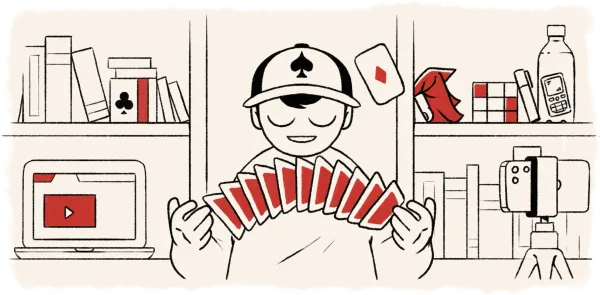 Illustration of young magician shuffling cards